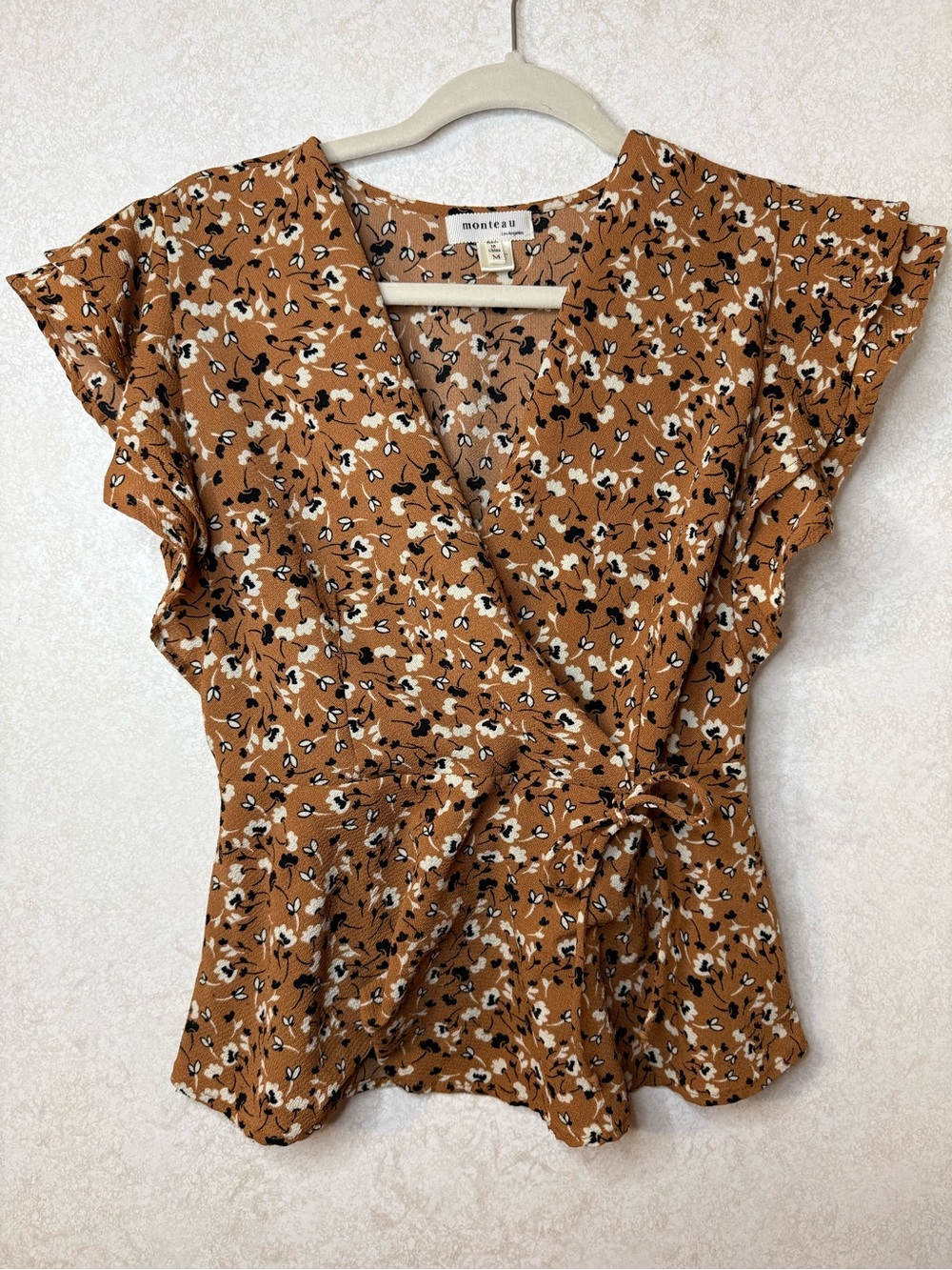 Monteau Brown Floral Wrap Blouse